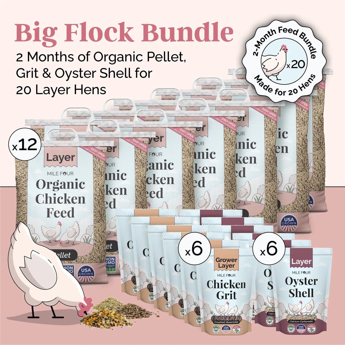 Big Flock Bundle | 2 Months of Organic Feed, Grit & Oyster Shell for 20 Layer Hens - Blessings Grow Meadows