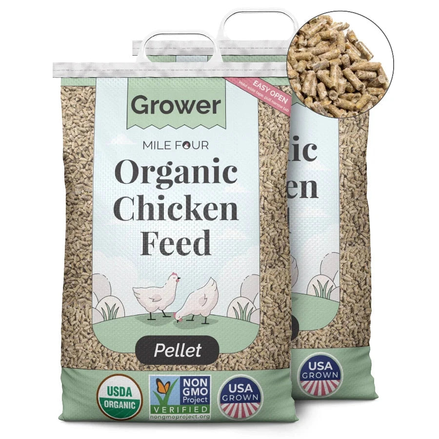 Organic chicken feed pellets by Mile Four, Grower variety, 2 lbs bag, suitable for nourishing chickens naturally.