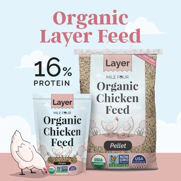 Layer Organic Chicken Feed pellets from Mile Four, 2 lbs bag, designed for healthy laying hens in organic poultry farming.