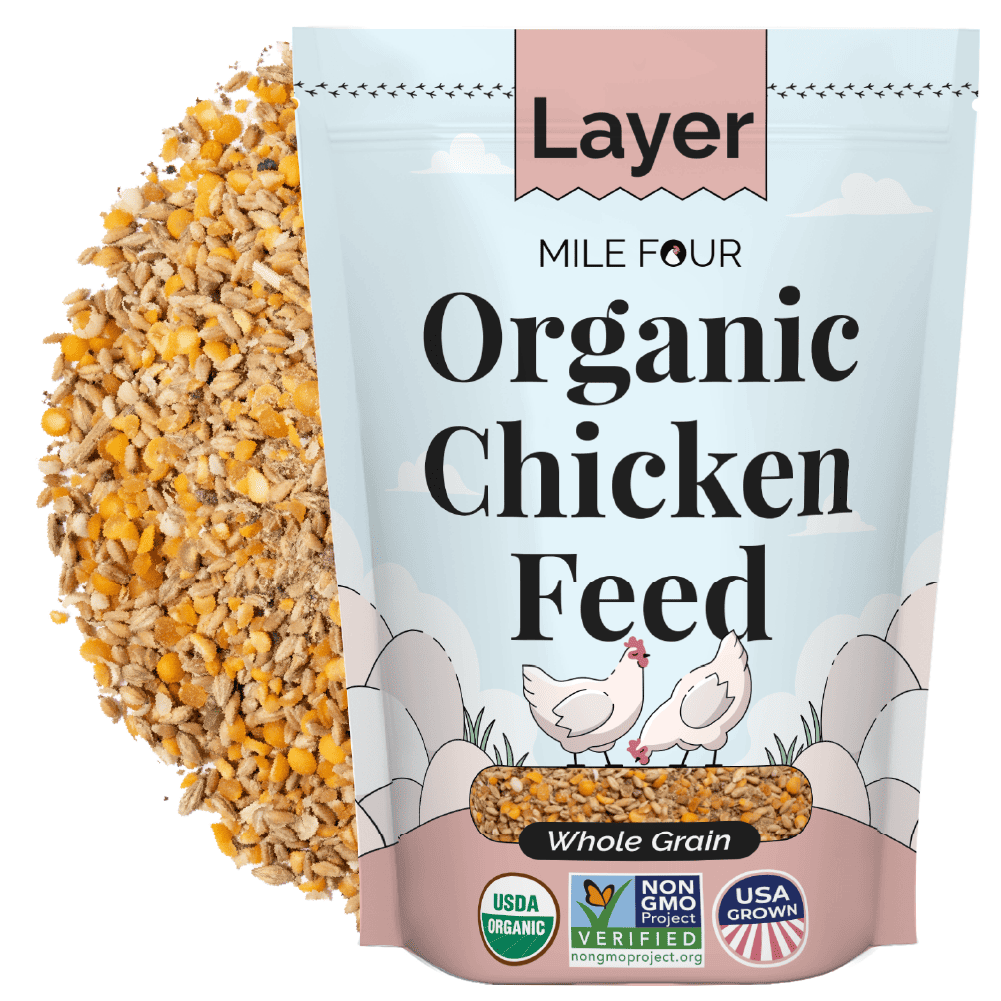 Layer organic chicken feed pellets by Mile Four in 2 lbs, suitable for healthy laying hens.