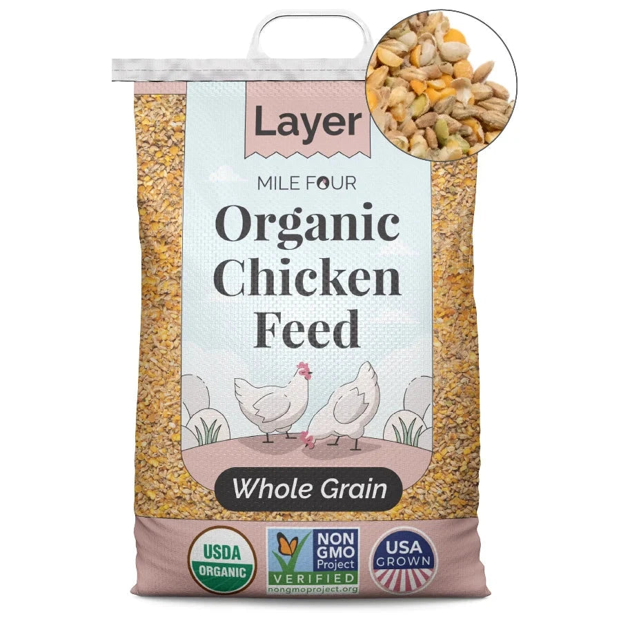 Mile Four Layer Organic Chicken Feed pellets in a 2-lb bag, designed for healthy poultry nutrition