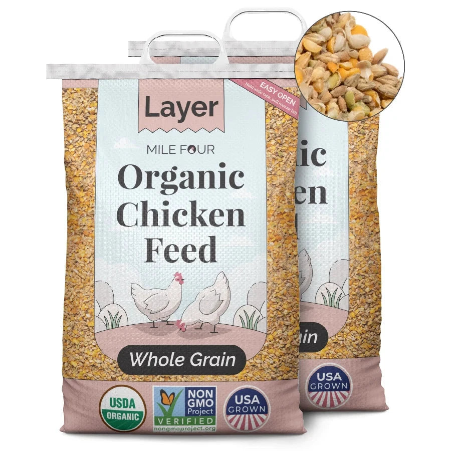 Layer Organic Chicken Feed pellets by Mile Four in a 2 lb bag, designed for healthy laying hens.