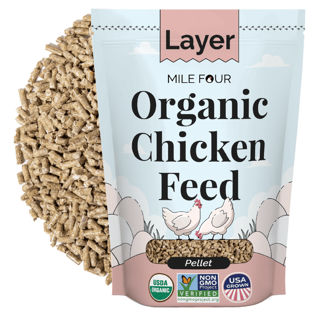 Organic chicken feed pellets by Mile Four, 2 lbs, designed for laying hens, made from natural, high-quality ingredients.