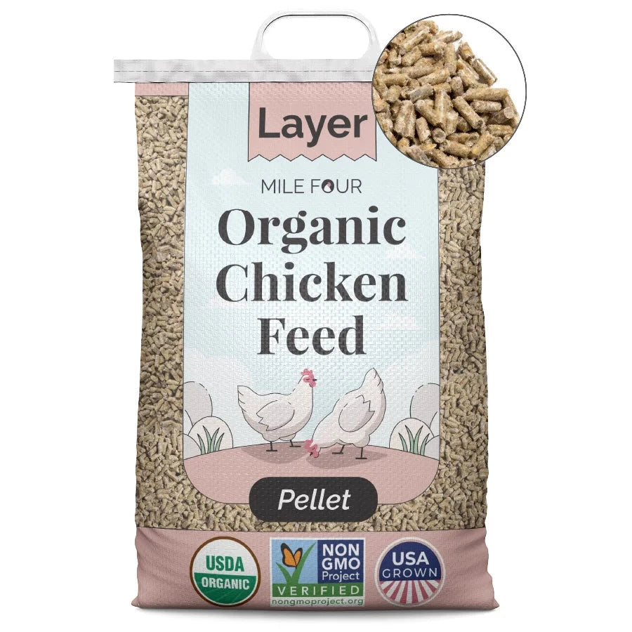 Layer Organic Chicken Feed by Mile Four, pellet form, 2 lbs, suitable for laying hens, natural and nutritious poultry feed.