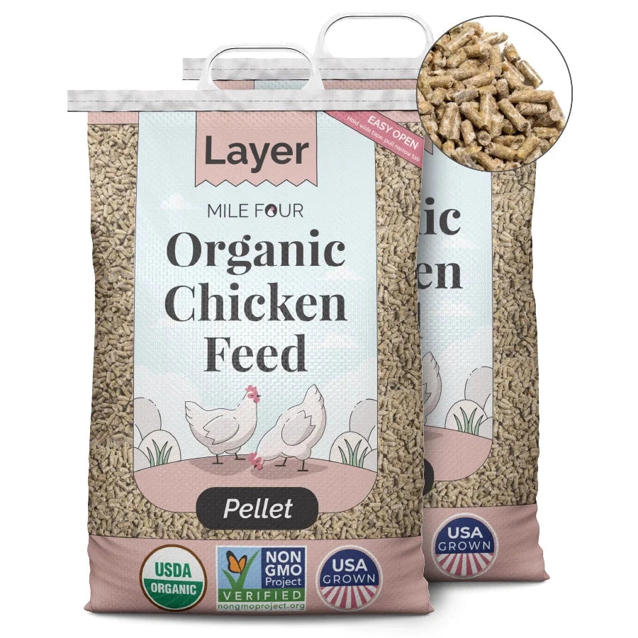 Organic layer chicken feed pellets by Mile Four, 2 lbs bag, designed for healthy egg-laying hens.