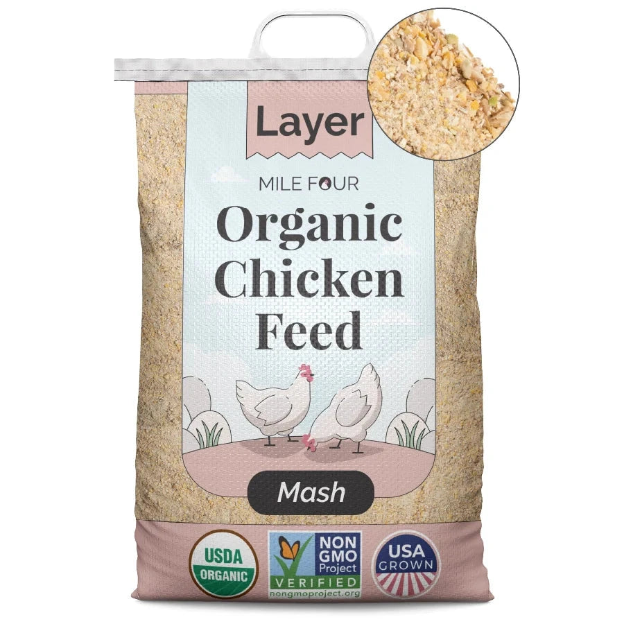 Organic chicken feed pellets from Mile Four for laying hens, shown in a close-up image of 2 lbs bag.