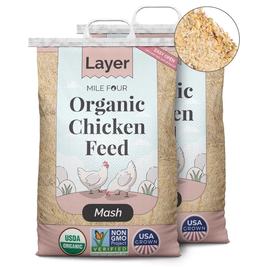 Organic chicken feed pellets from Mile Four, 2 lbs, designed for healthy laying hens.
