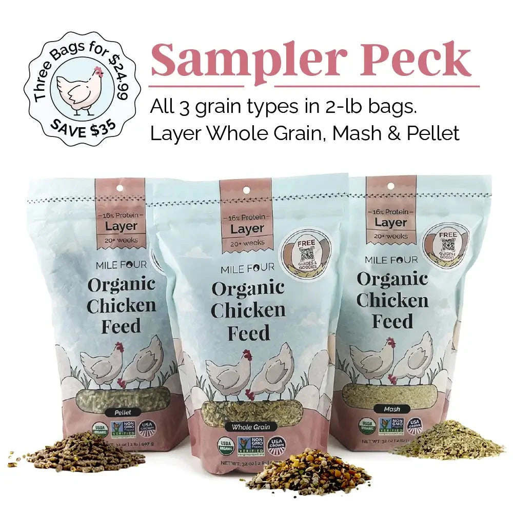 Layer Organic Chicken Feed by Mile Four, 2 lbs pellet feed for hens, made with organic ingredients for healthy egg production.