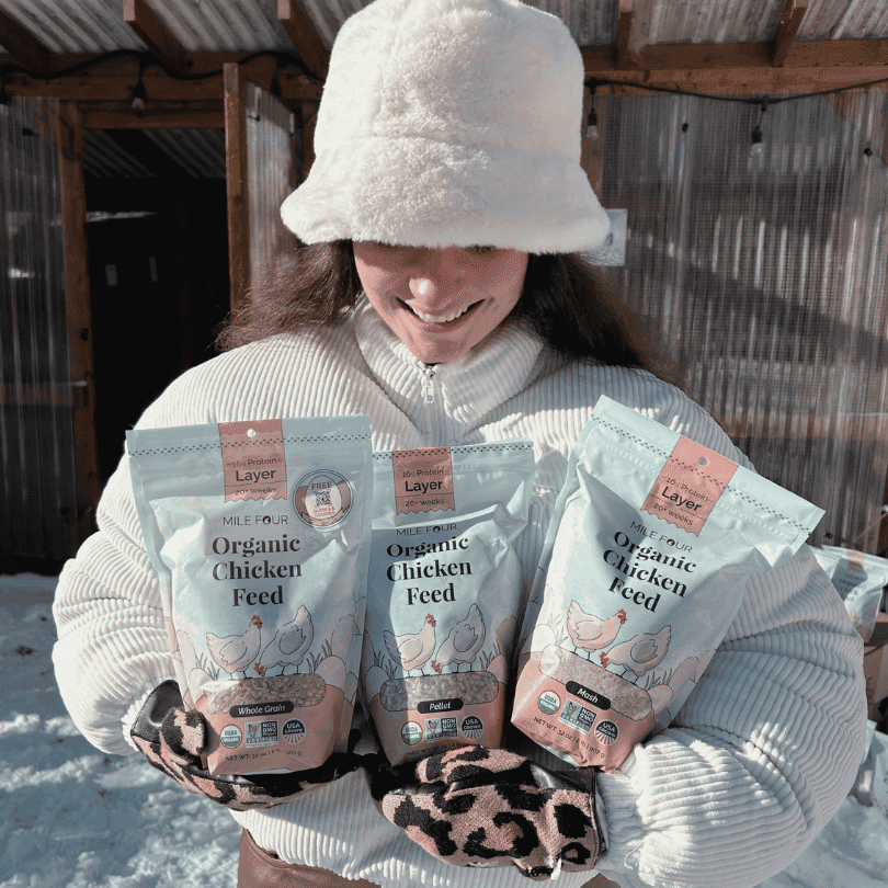 Organic chicken feed pellets from Mile Four, designed for layers, shown in a 2-pound bag of natural poultry feed.