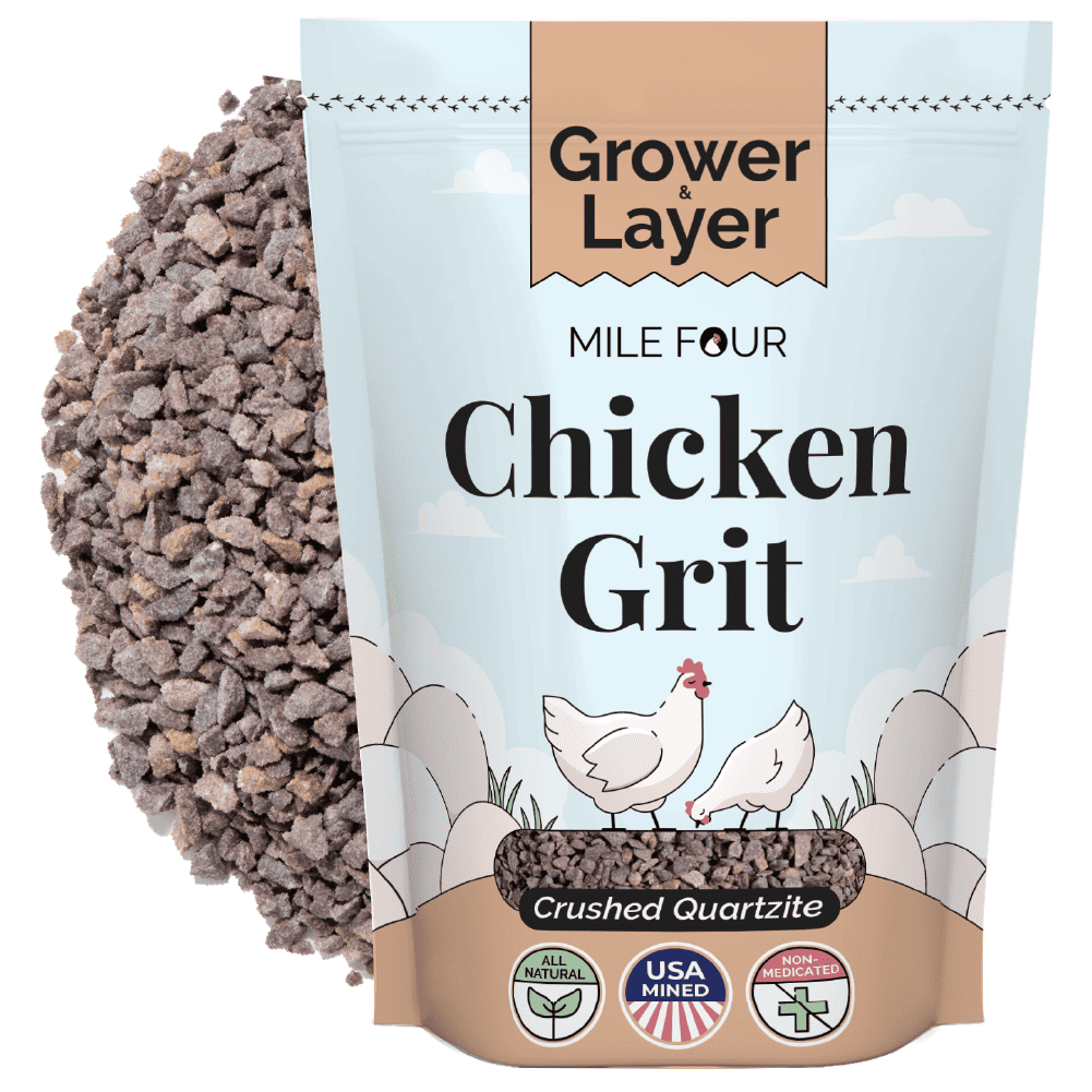 Mile Four Chicken Grit treats and supplements for poultry, 4 lbs bag, showing chicken grit in a resealable package.
