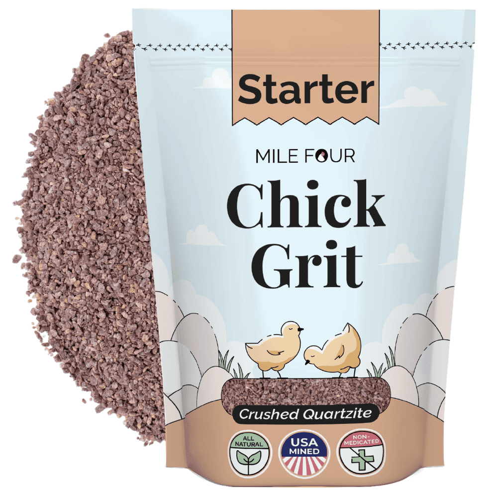 Mile Four Chicken Grit treat and supplement in a 4-lb bag, natural poultry feed supplement, with small grit particles for chickens.