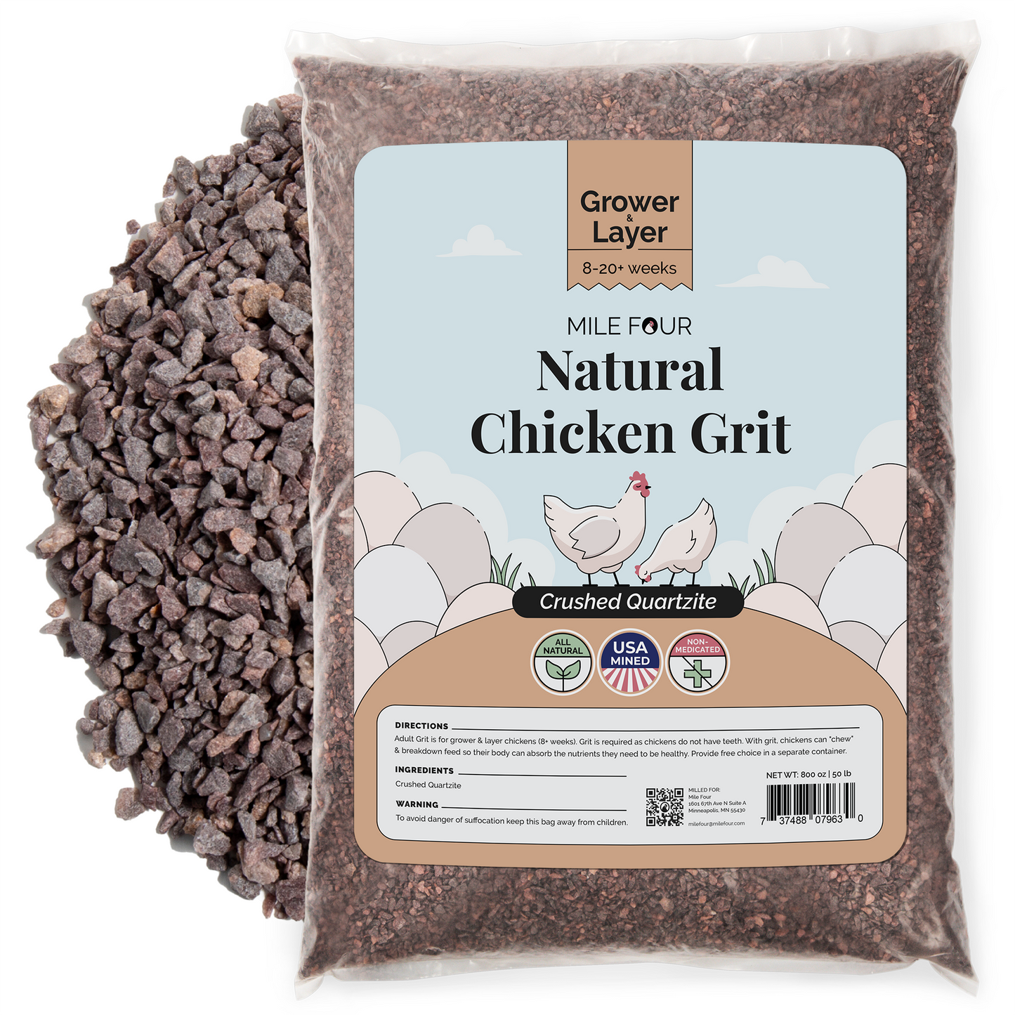 Mile Four Chicken Grit treat and supplement in a 4 lb bag, designed for poultry nutrition and healthy digestion.