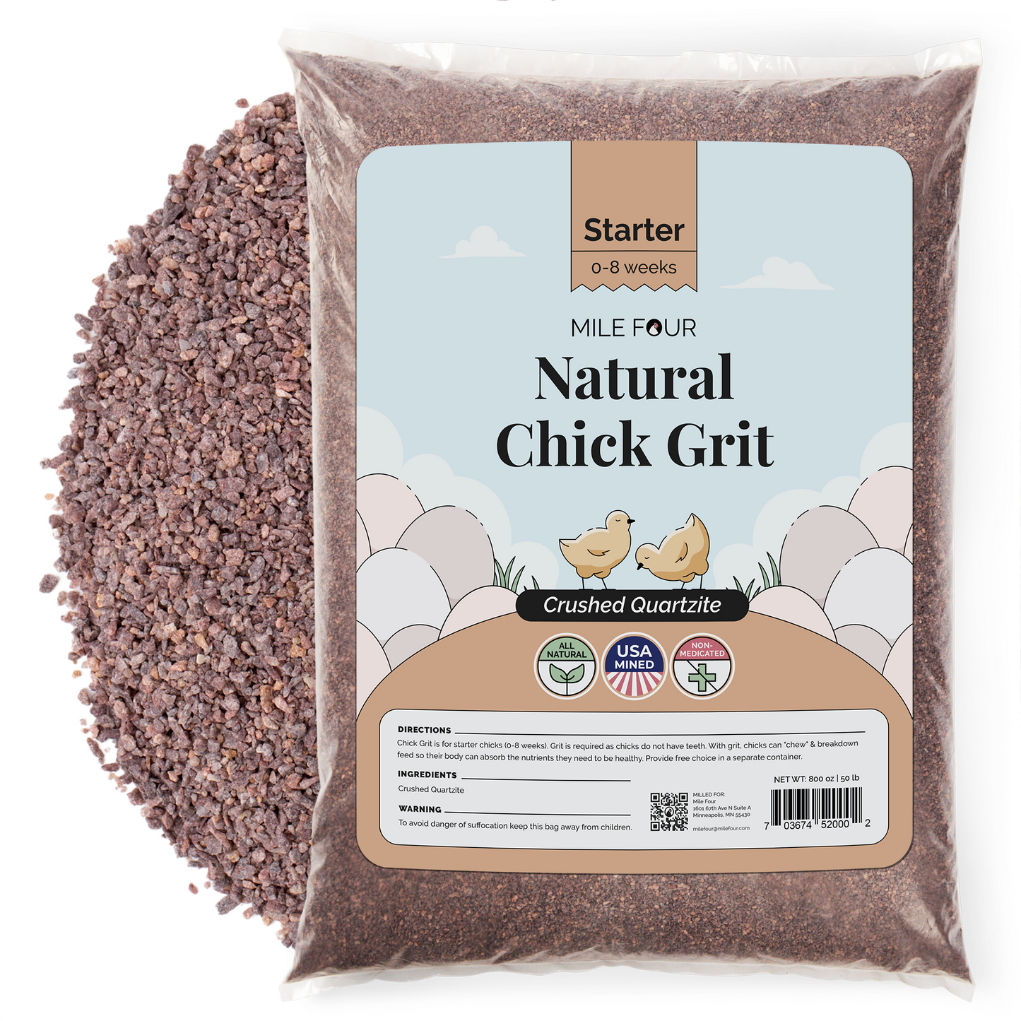 Mile Four Chicken Grit treat and supplement bag, 4 lbs, designed for poultry nutrition and digestive health.