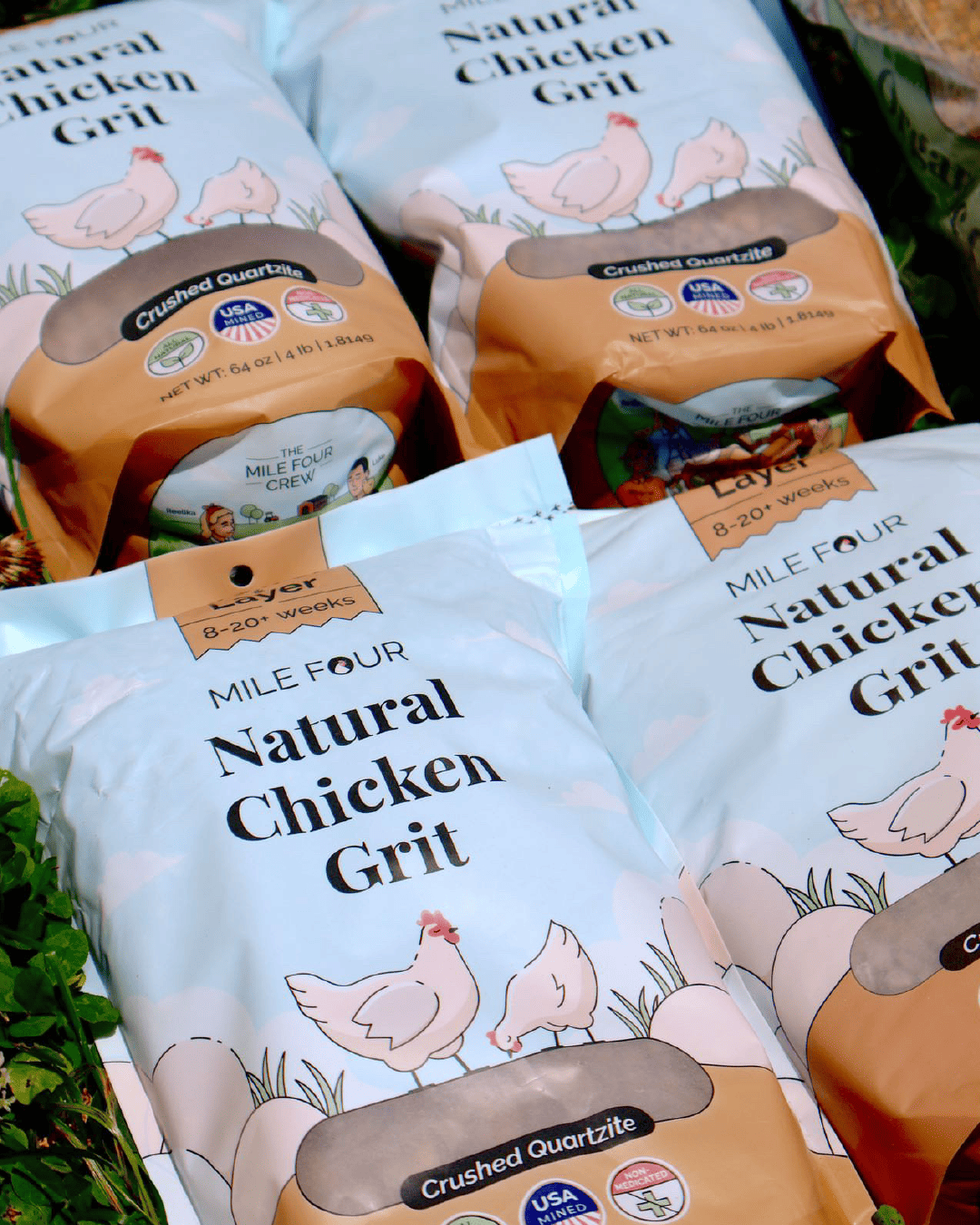 Mile Four Chicken Grit treat and supplement bag, 4 lbs, designed for poultry nutrition and healthy digestion.