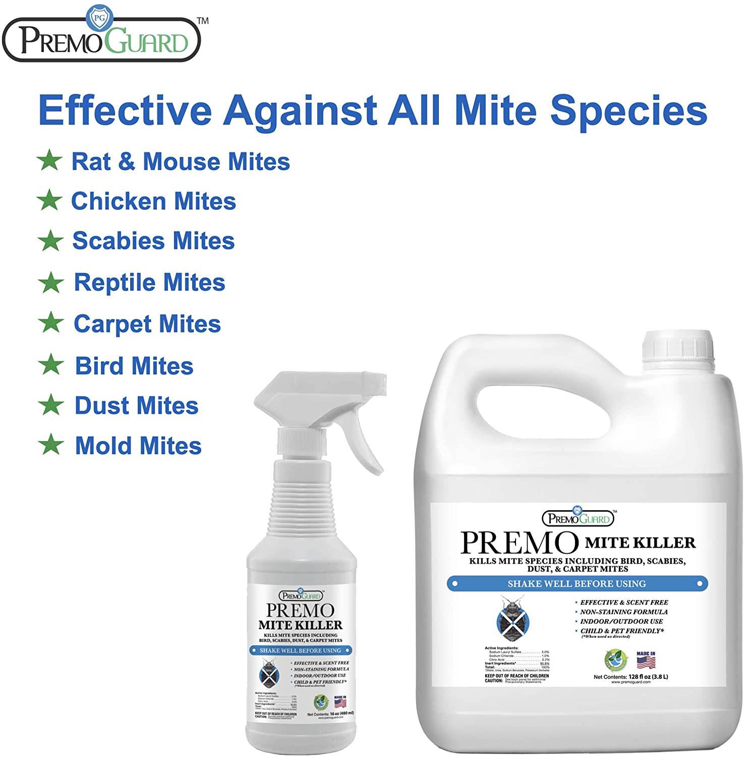 Premo Natural Products mite killer spray bottle, natural non-toxic pesticide for pest control, with label visible on the spray container.