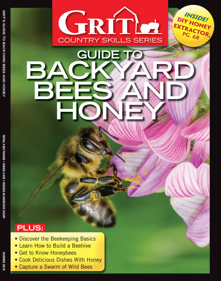 Cover of Mother Earth News' Grit Guide to Backyard Bees and Honey, 8th Edition magazine featuring a beekeeping scene.