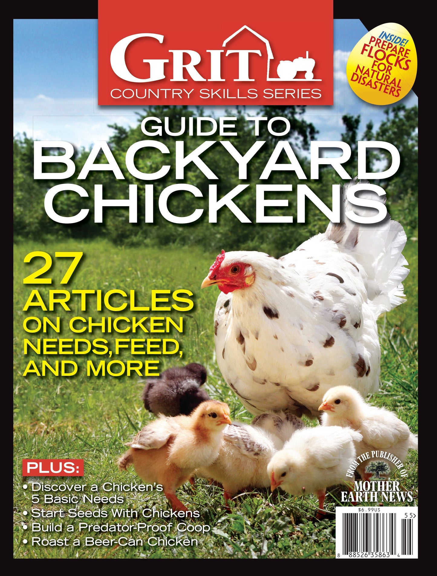 Mother Earth News Grit Guide to Backyard Chickens magazine, 14th Edition, featuring chicken care tips and backyard poultry images.