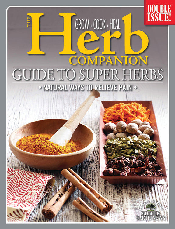Cover of Mother Earth News magazine featuring "The Herb Companion Guide to Super Herbs," showcasing vibrant herbs and plant illustrations.