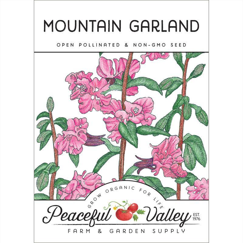 Pack of Grow Organic Mountain Garland flower seeds showing various seed varieties in a clear packet.