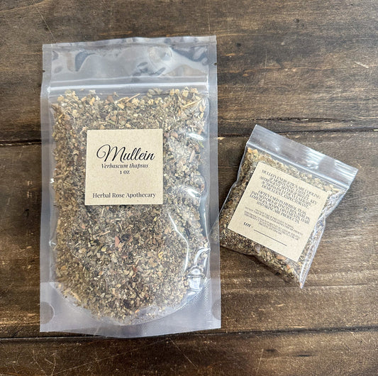 Dried mullein herbs in a jar, from HerbalRoseApothecary, showcasing the herbal plant used for natural remedies.