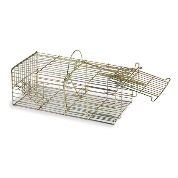 Reusable Jeffers multi-catch live mouse trap for humane pest control, shown in a farm and ranch setting.