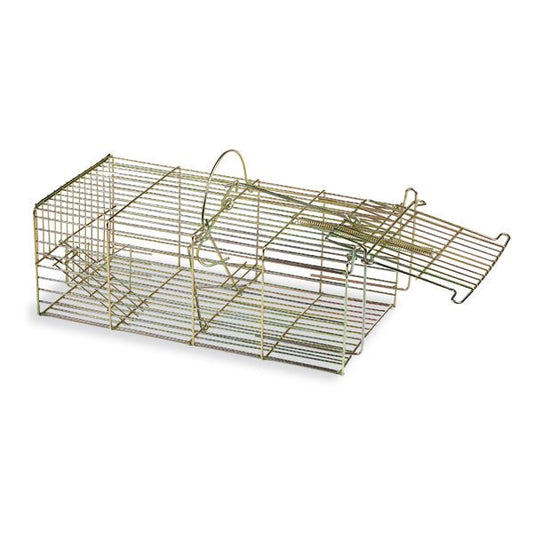 Reusable Jeffers multi-catch live mouse trap for humane pest control, shown in a farm and ranch setting.