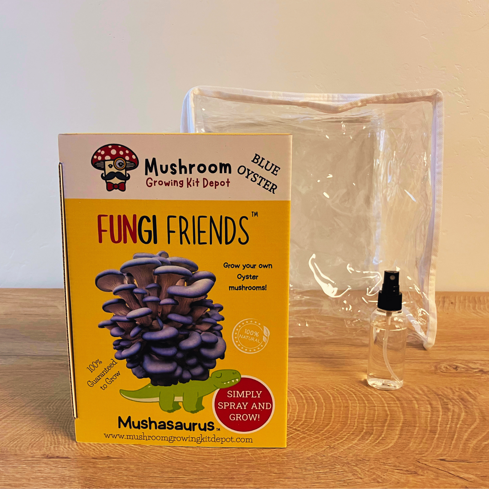 Blue oyster mushroom grow kit by Mushroom Growing Kit Depot with Mushasaurus branding, includes 5 lbs of oyster mushroom substrate in a box.