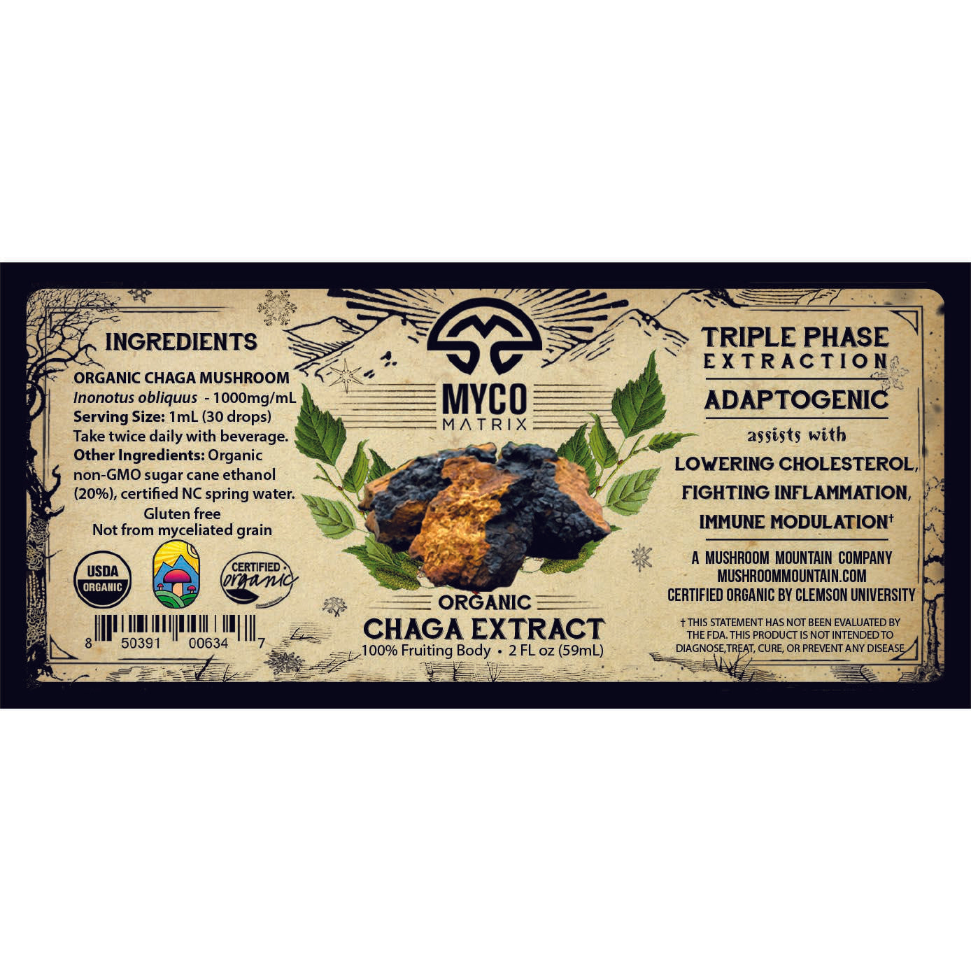 Mycomatrix CHAGA adaptogenic mushroom extract from Mushroom Mountain in a 2oz jar, featuring dark chaga mushroom pieces.
