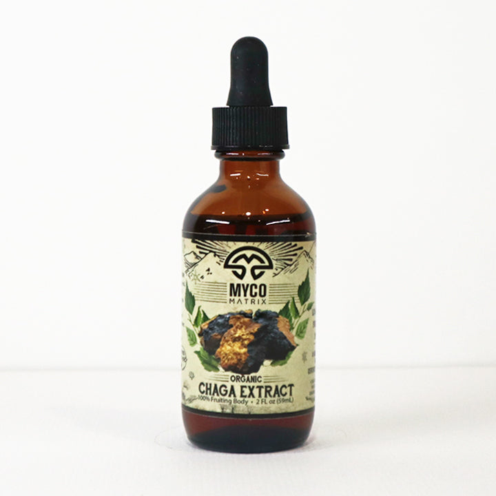 Mycomatrix CHAGA adaptogenic mushroom extract from Mushroom Mountain in a 2oz jar, featuring dark, finely ground mushroom powder.