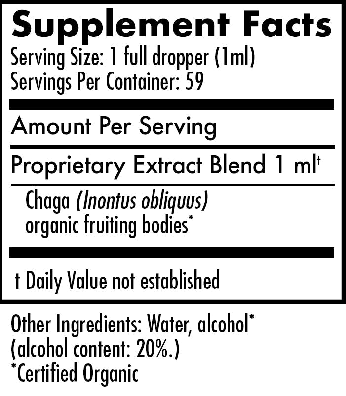 Mycomatrix Chaga adaptogenic mushroom extract in a 2oz jar from Mushroom Mountain, with mushroom pieces and label visible.