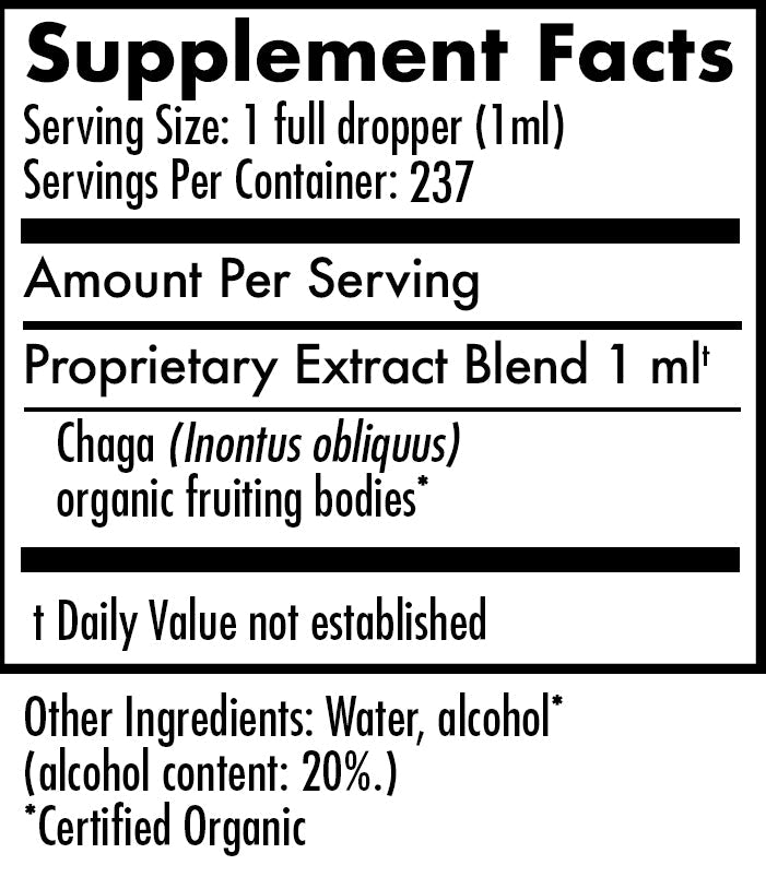 Mycomatrix CHAGA adaptogenic mushroom extract in a 2oz bottle from Mushroom Mountain, showcasing the product label and packaging.