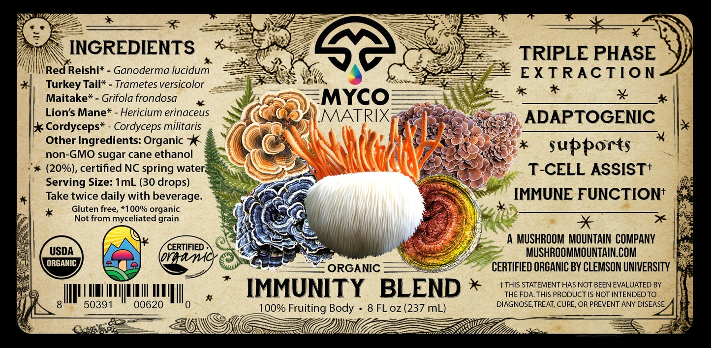 Mycomatrix Immunity Blend adaptogenic mushroom extract by Mushroom Mountain in a 2oz jar with mushrooms and herbal ingredients visible.