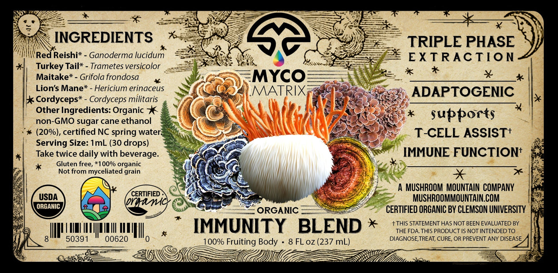 Mycomatrix Immunity Blend adaptogenic mushroom extract by Mushroom Mountain in a 2oz jar with mushrooms and herbal ingredients visible.