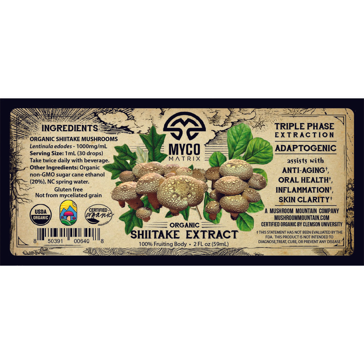 Mycomatrix Shiitake adaptogenic mushroom extract from Mushroom Mountain in a 2oz bottle, showcasing the dark extract inside the bottle.