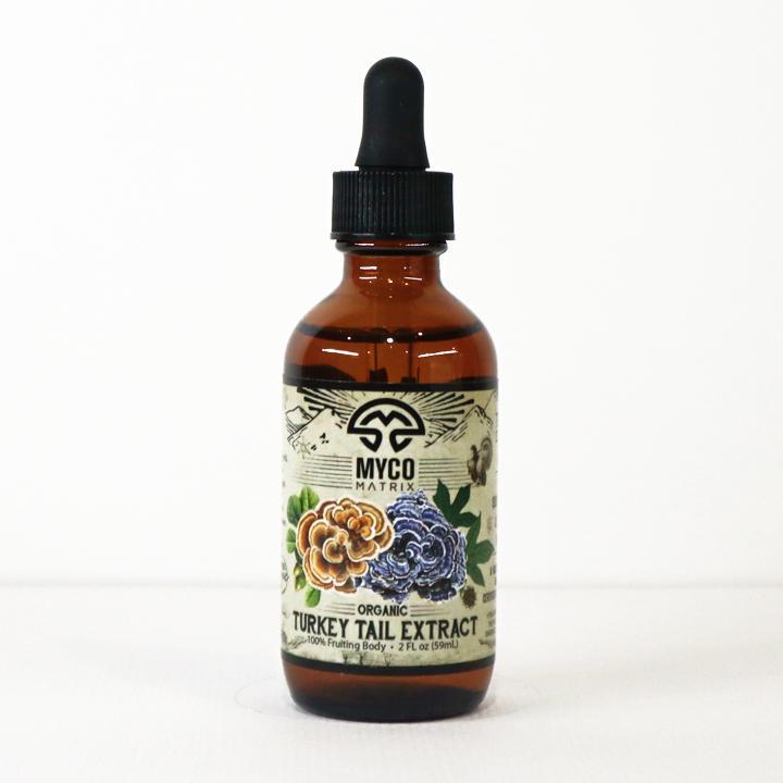 Mycomatrix Turkey Tail adaptogenic mushroom extract from Mushroom Mountain in a 2oz jar, showcasing the mushroom supplement.