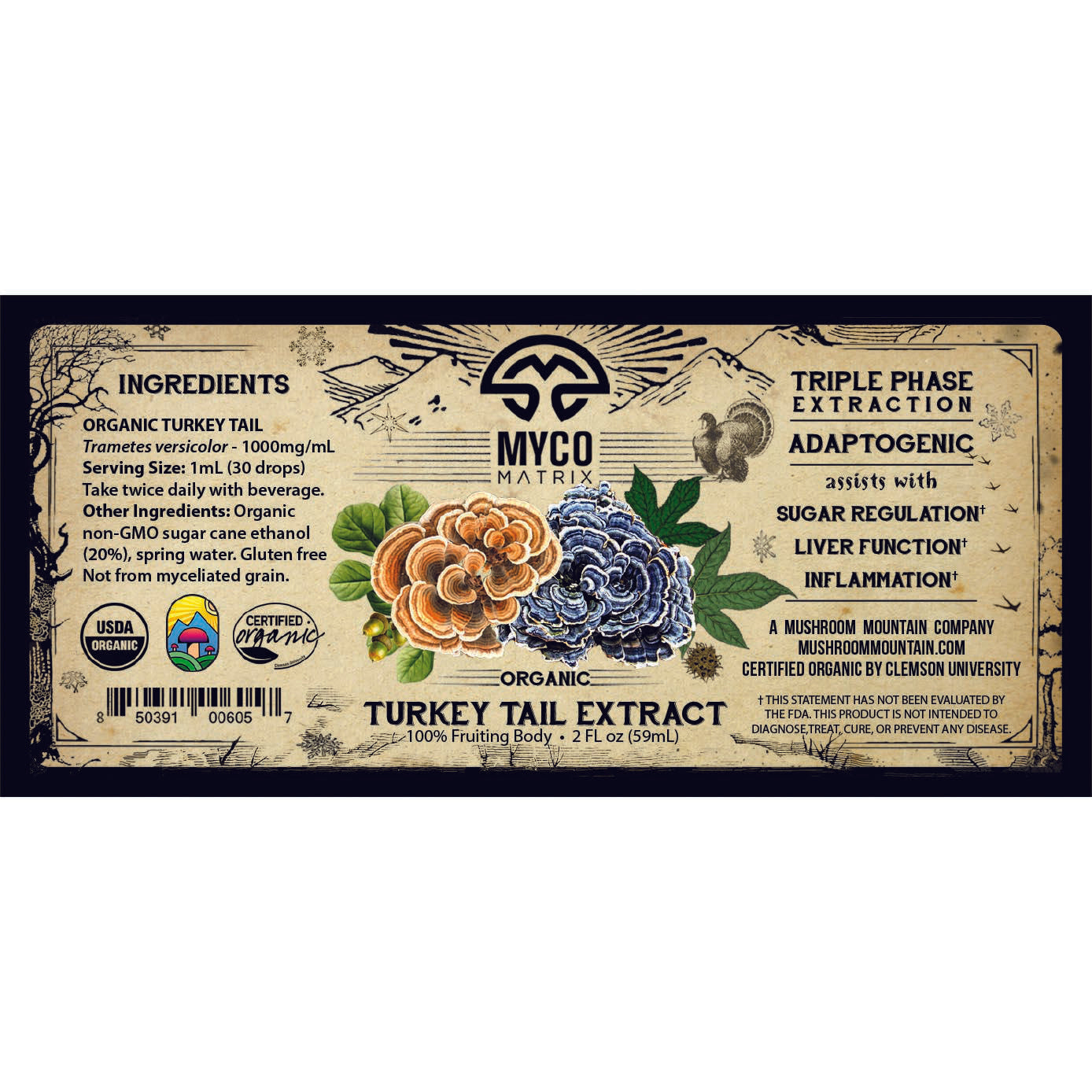 Mycomatrix Mushroom Mountain Turkey Tail adaptogenic mushroom extract in a 2oz jar, showcasing fresh mushroom pieces and herbal blend