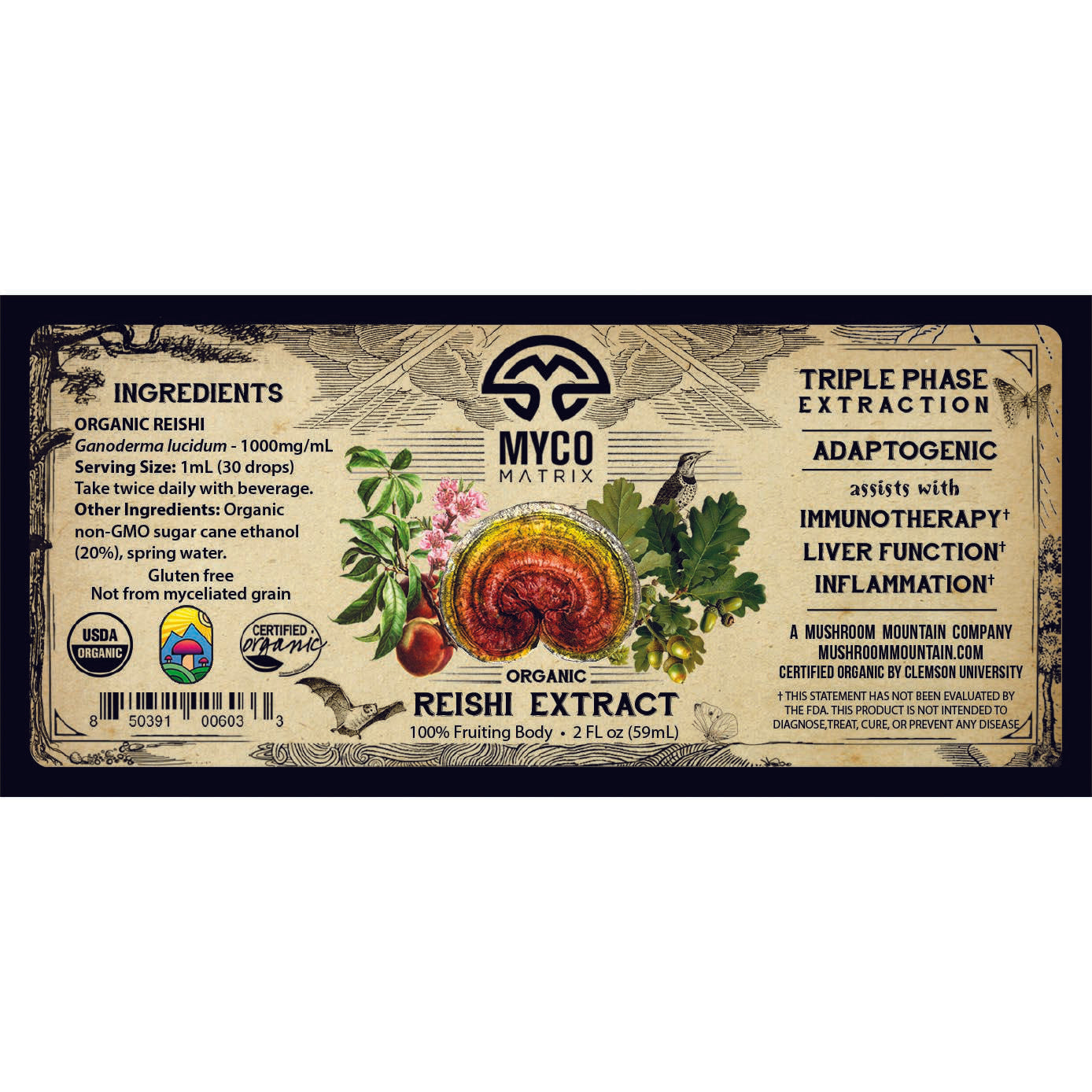 Mycomatrix Reishi adaptogenic mushroom extract bottle from Mushroom Mountain, 8 oz, with label and cap visible.