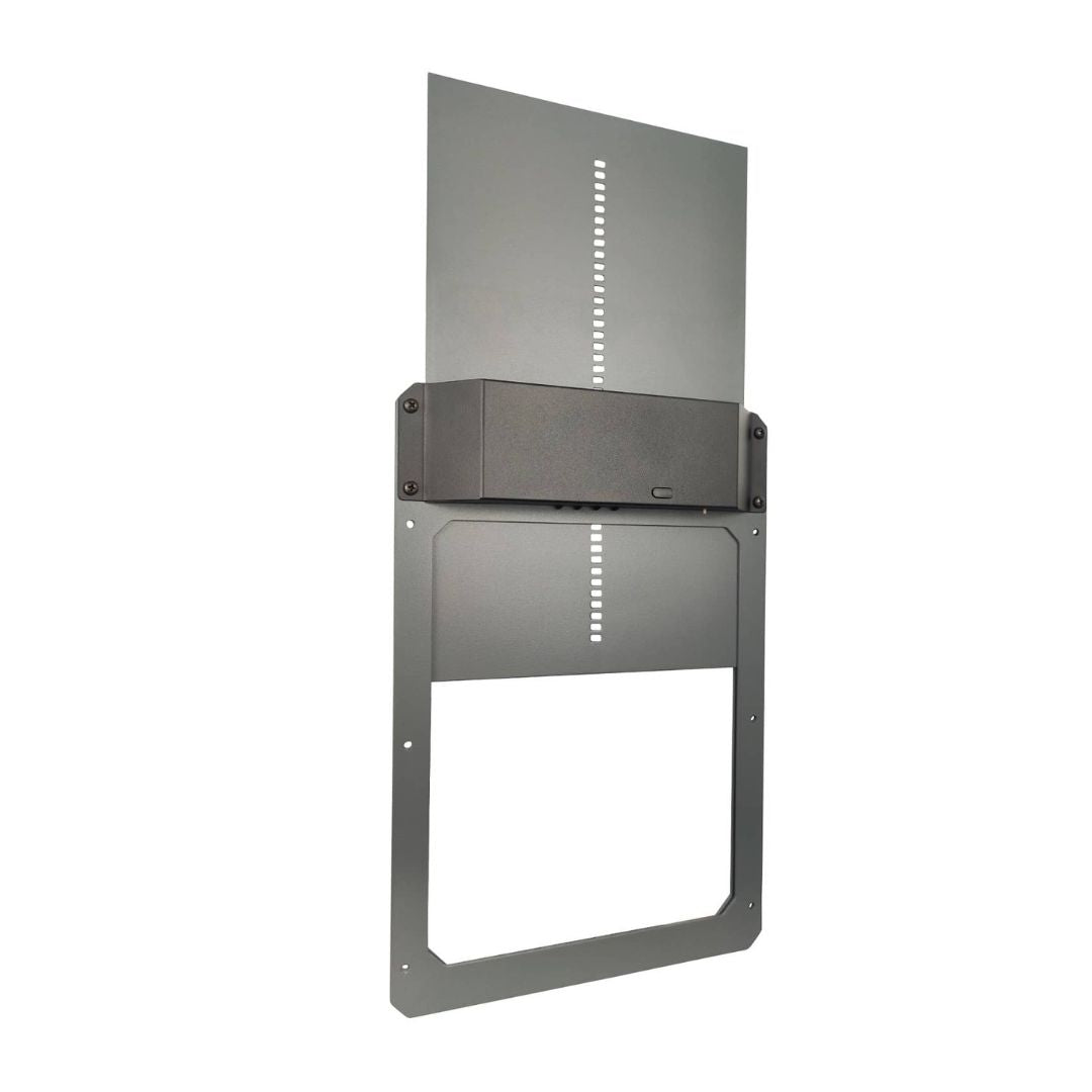 The My Pet Chicken Farmight Automatic Chicken Coop Door, Aluminum, features a wall-mount metal bracket with an adjustable panel and central box to support and conceal devices, providing enhanced predator protection.