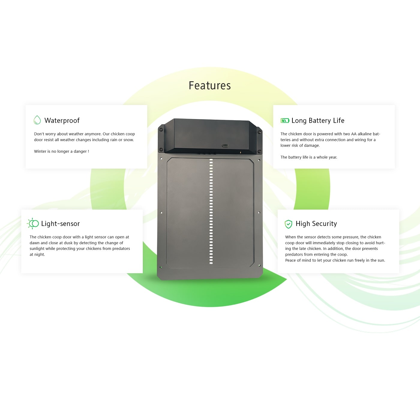 The Farmight Automatic Chicken Coop Door by My Pet Chicken features a waterproof aluminum design, long battery life, light sensor for auto open/close, and enhanced predator protection. The product is shown center with labeled features around it.