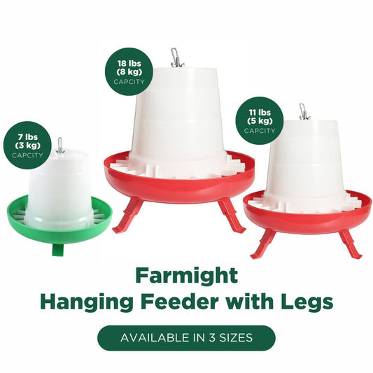 The My Pet Chicken Farmight Open Top Hanging Feeder with Legs is shown in 3 sizes (7 lbs/3 kg, 11 lbs/5 kg, 18 lbs/8 kg) and 2 colors. Each poultry feeder has a white open top and green or red base. Text reads Available in 3 Sizes.