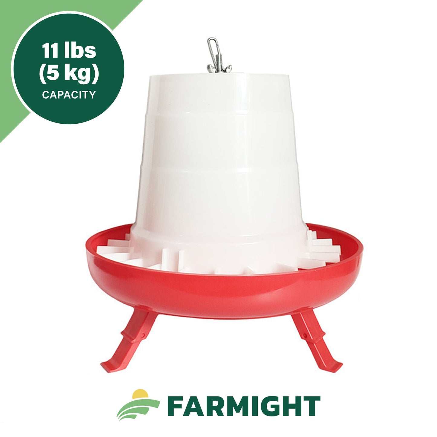 The My Pet Chicken Farmight Open Top Hanging Feeder with Legs features a white container and red base, 11 lb (5 kg) capacity, green logo, easy-fill open top, and comes in 2 colors and 3 sizes.
