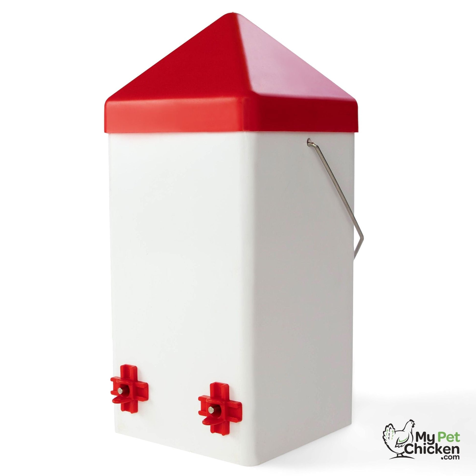The My Pet Chicken Farmight 1 Gallon Chick/Small Flock Waterer features a white rectangular base, red pyramid lid, two red drinking nozzles, a metal handle, and the logo—perfect for brooder use or as an easy chick waterer.