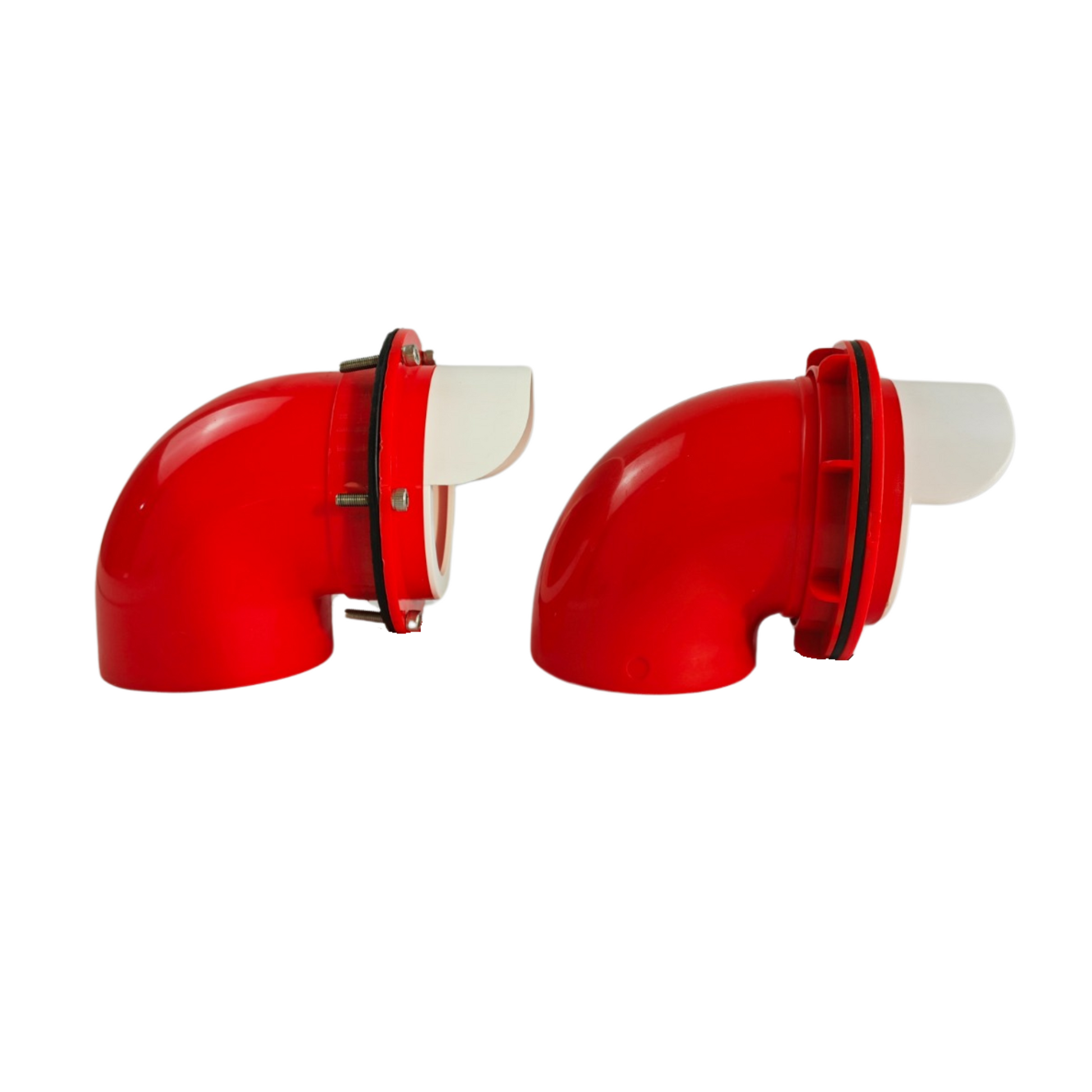 Two red plastic 90-degree elbow fittings with white linings and black fasteners, side by side on a white background. These are part of the Farmight 2 Port Feeder DIY Kit from My Pet Chicken, perfect for a no-waste chicken feeder setup.