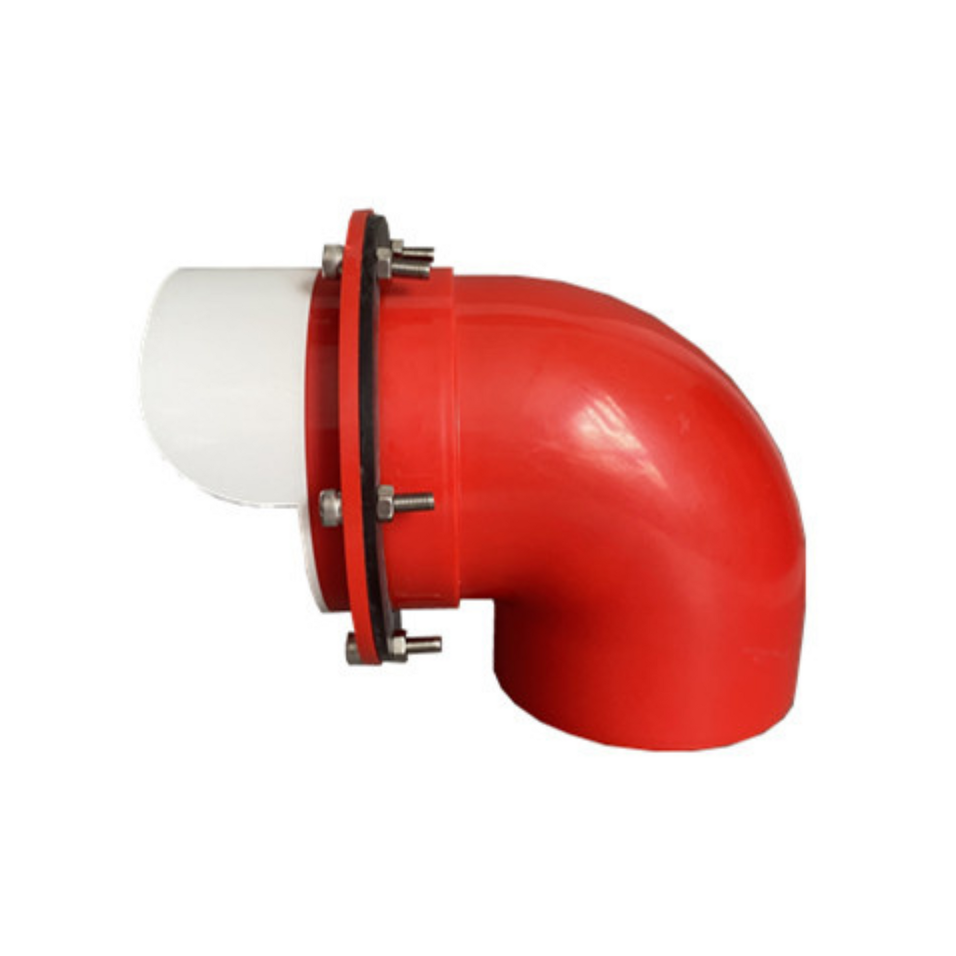 The Farmight 2 Port Feeder DIY Kit by My Pet Chicken features a red 90-degree elbow joint with a white pipe, secured by a black flange and bolts—perfect for no-waste chicken feeders or DIY kits. Hole saw included; shown isolated on white background.