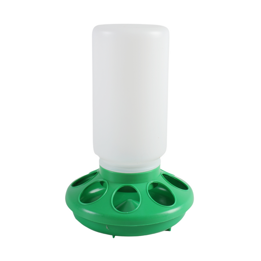 The Farmight Chick Feeder by My Pet Chicken is a 1-quart plastic feeder ideal for brooders, featuring a white cylindrical container and green circular base with multiple openings, similar to an 8-hole plastic feeder.