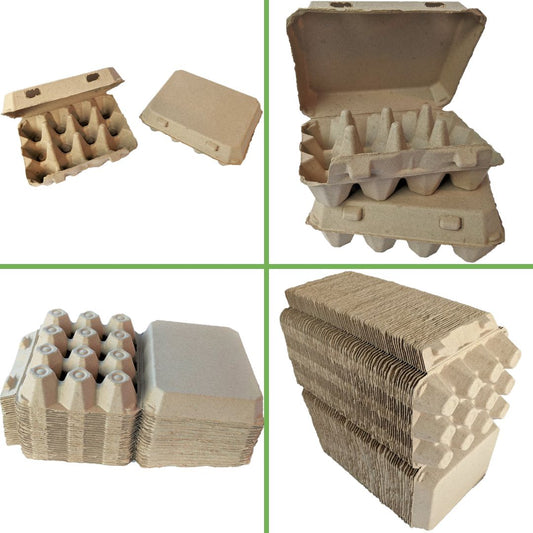 Four images of My Pet Chickens Henlay Vintage Blank Egg Cartons (classic 3x4 design, 2 colors, packs of 25-200): open and closed singles, stacked opens, and a large bundle for holding your farm fresh eggs.