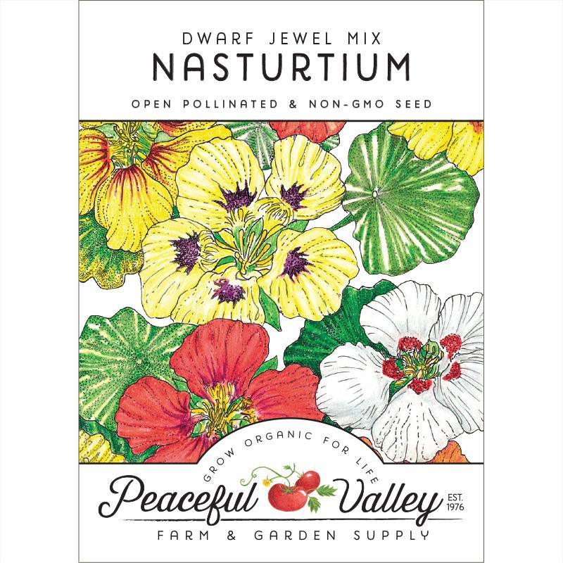 Dwarf Jewel Mix nasturtium flower seed pack from Grow Organic, featuring colorful edible flowers and lush green foliage.