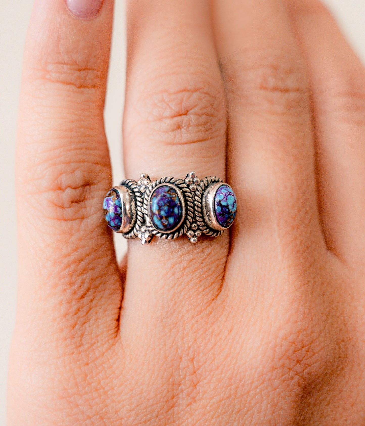 Purple Mojave Three Stone Ring - Blessings Grow Meadows -