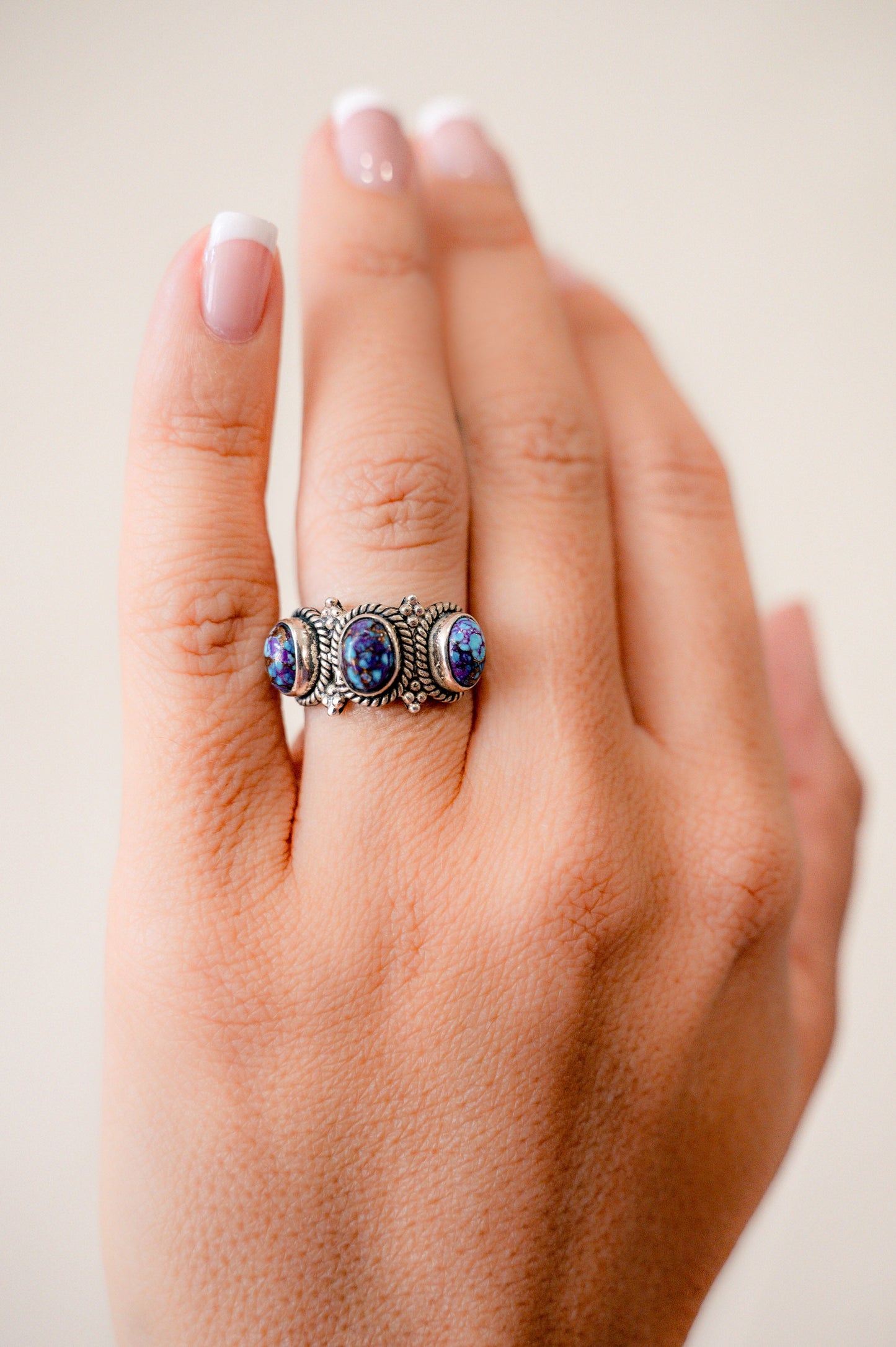 Purple Mojave Three Stone Ring - Blessings Grow Meadows -