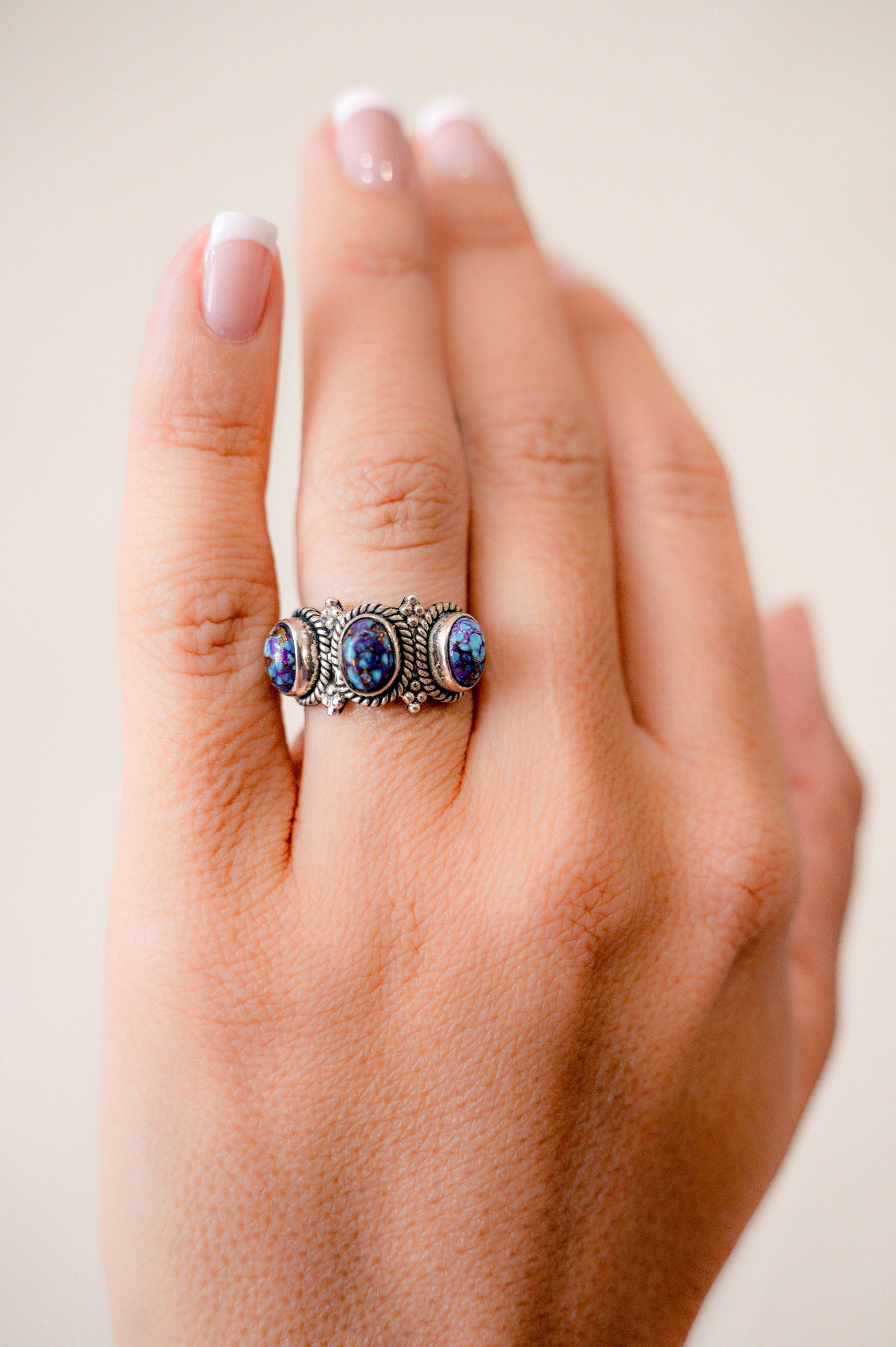 Purple Mojave Three Stone Ring - Blessings Grow Meadows -